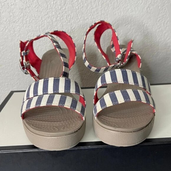 Crocs Leigh 15313 Wedge Sandals Ankle Strappy White Striped Women's Size 9 US - Picture 1 of 11